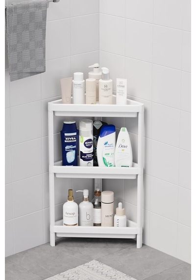 3 Katlı Üçgen Plastik Beyaz Banyo Mutfak Rafı Mıt1059 Abanoz - Beyaz