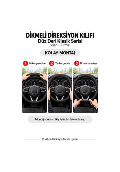 Trobus Renault Kangoo 2024 Ve Sonrası Uyumlu Dikmeli Direksiyon Kılıfı Düz Deri Klasik Siyah Kırmızı Siyah - Kırmızı
