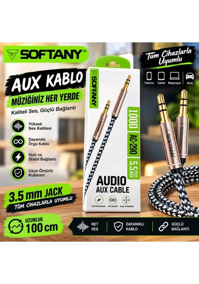 Softany Ac-290 Hasır Örgü 3.5 Mm Aux Kablosu 1 Metre - Lisinya