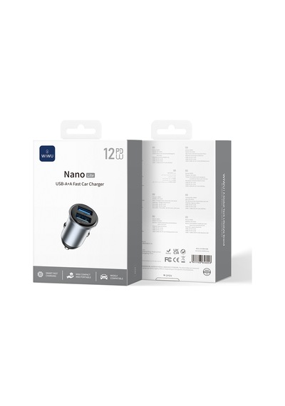 Wiwu Wi-cc031 Nano Lite Serisi Dual Usb-a Hızlı Şarj Özellikli Araç Şarj Aleti Pd 12w Gri