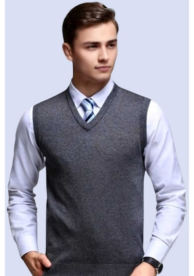 Tezzgelsin Erkek V Yaka Triko Tüylenmez Süveter Erkek Slim Fit Süveter Füme