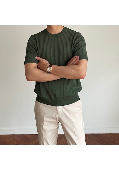 Tarz Cool Erkek Fitilli Slim Fit Bisiklet Yaka Triko T-shirt Haki