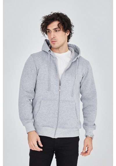 Barlashive Erkek 3 İplik Pamuklu Fermuarlı Kapüşonlu Kanguru Cepli Hoodie Hırka Sweatshirt - Gri Çok Renkli