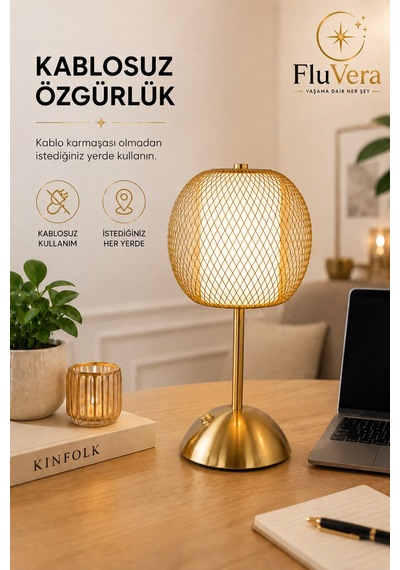 Gold Telli Şarjlı Masa Lambası Kablosuz Led Gece Lambası Usb-c Şarjlı Dekoratif Taşınabilir Lamba Altın