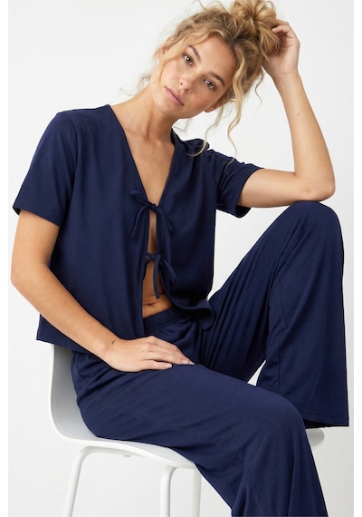 Siyah İnci Bağlamalı Örme Pijama Takım7889 Lacivert