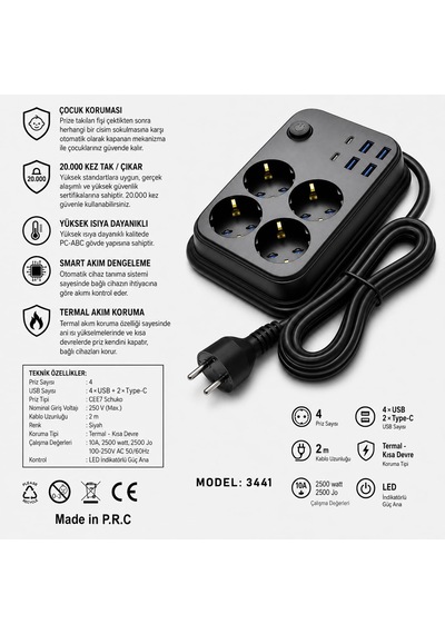 Coverzone Termal Akım Korumalı Uzatma Kablosu 4 Priz 4 Usb 2 Type