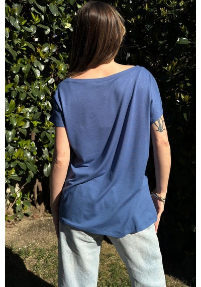 Kadın İndigo, Laci & Beyaz Kısa Kol, Color Block Tasarım, Salaş Bluz Indigo