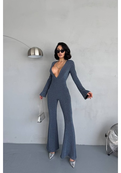 Neşeli Butik Kadın İndigo Dekolteli Novel Sim Maxi Tulum Nbdf118