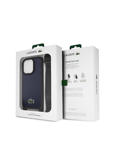 Apple Uyumlu iPhone 14 Pro Max Uyumlu Kılıf Lacoste Lisanslı Pu Pike Desen Askılı İkonik Timsah Logolu Lacivert -