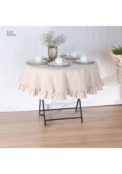 Dnc Home Tekstil  Sütlü Kahve Çizgili Keten Yuvarlak Fırfırlı Masa Örtüsü Sütlükahve