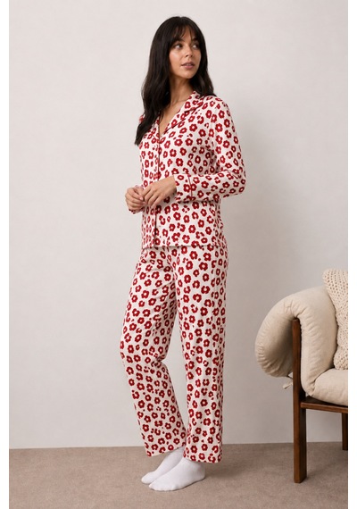 Fit Women Kadın Uzun Kollu Düğmeli Alt Üst Uyku Kırmızı Pijama Takımı