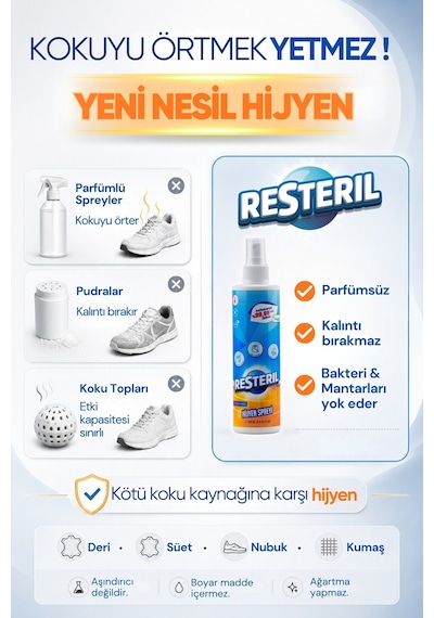 Resteril Ayakkabı Koku Giderici Sprey Ayak Kokusu Giderici Parfümsüz Ayakkabı Deodorantı Dezenfektan Spreyi 200 ML