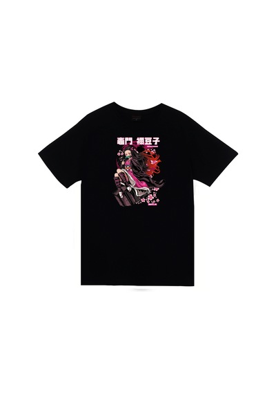 Demon Slayer Nezuko Kamado Anime Baskılı Unisex %100 Pamuk Siyah T-shirt SIYAH