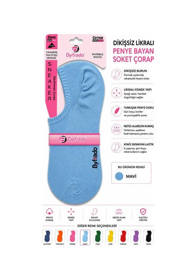 Uğur İnci Dikişsiz Likralı Penye Bayan Soket Çorap Renkli Seri Esnek, Yumuşak Dokulu, Günlük Kullanım Sneaker Çorabı 6 Mavi