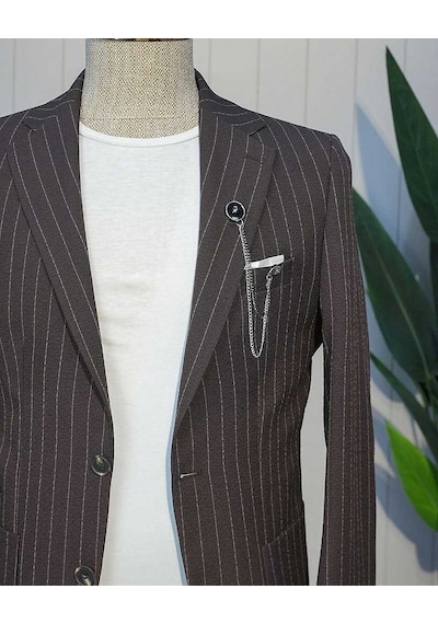 Bys Beystil Kahve Spor Casual Çizgili Takım Elbise Parodi -slim Fit