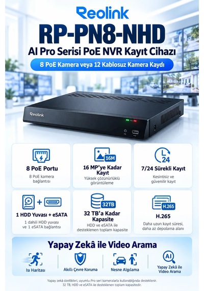 Reolink Rp-pn8-nhd 12 Kanal 8 Poe Portlu 16mp Aı Pro Serisi Nvr