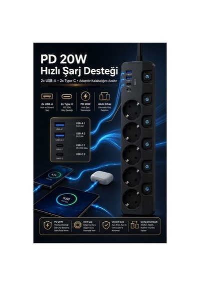 5'li Akım Korumalı Usb Çoklu Priz 2 Usb-a 2 Type-c Pd 20w Hızlı Şarj Anahtarlı Grup Priz 3680w 2 Metre 0 - 2 M