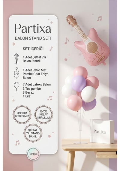 Retro Mat Pembe Gitar Balon Stand Seti Şeffaf 7 Li Stand + Retro Mat Pembe Gitar Folyo Balon + 7 Lateks Balon