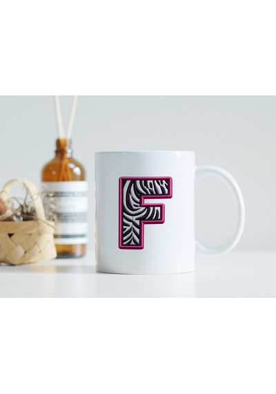 F Harfi Zebra Deseni Ve Pembe Kenarlı Kupa Bardak - Kişiye Özel Nakış Efektli - Siyah Beyaz Pembe Beyaz