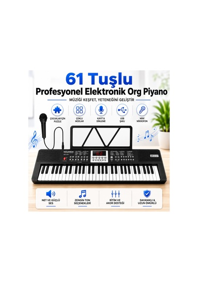 Başlangıç İçin 61 Tuşlu Elektronik Dijital Profosyenel Org Piyano Mikrafonlu Keyboard - 815109353