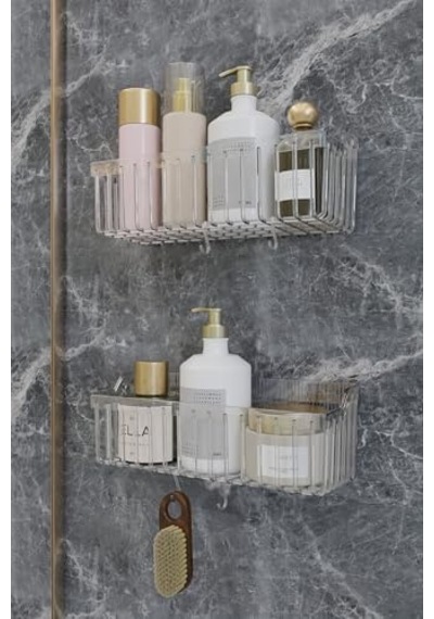 Banyor Yapışkanlı Banyo Rafı, 2'li Banyo Düzenleyici Organizer Banyo Duş Rafı Şampuanlık, Plstik Açık Ahşap