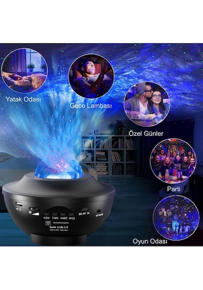 Led Yıldız Bluetooth Hoparlör Usb Projektör Okyanus Dalgası Efektli, 21 Modlu Gece Lambası Siyah