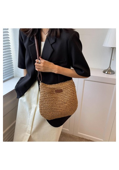 Portföy Clutch Fermuarlı Astırlı Cepli Ayarlanabilir Deri Askılı İthal Örgü Hasır Yazlık Tatil Çanta Camel