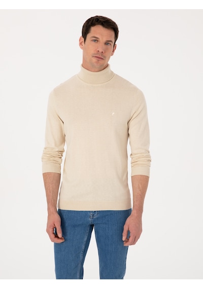 Cacharel Bej Slim Fit Pamuk Karışımlı Balıkçı Yaka Basic Triko Kazak