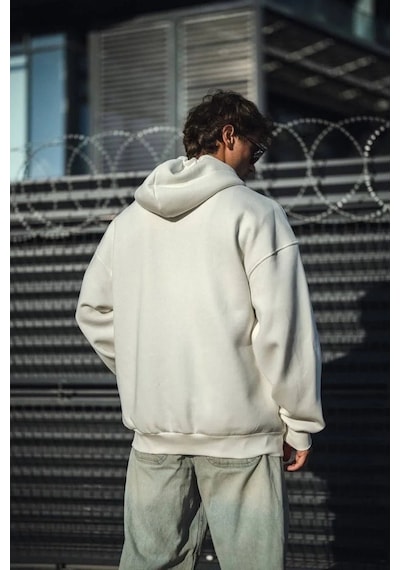 Erkek Tam Fermuarlı Cepli Kapüşonlu 3 İplik Pamuklu Hoodie Sweatshirt - Beyaz Beyaz