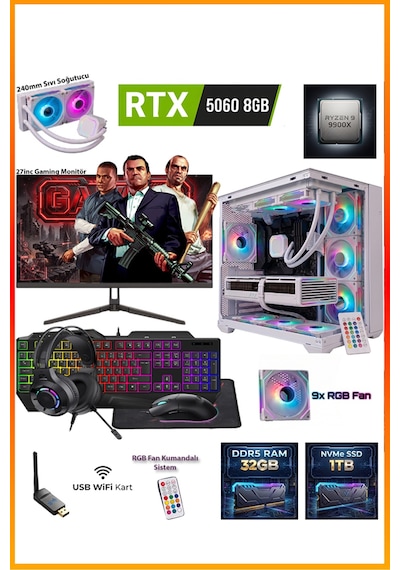 Comloji CMLJ49 R9-9900X 32 GB 1 TB SSD RTX5060 27" Free Dos Masaüstü Oyuncu Bilgisayarı
