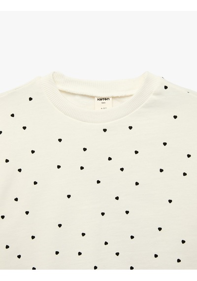 Koton Uzun Kollu Bisiklet Yaka Kalp Desenli Pamuklu Sweatshirt Ekru Desenli 7wmg10028ak
