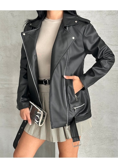 Prifaldi Zr Trend Oversize Uzun Kadın Siyah Deri Ceket