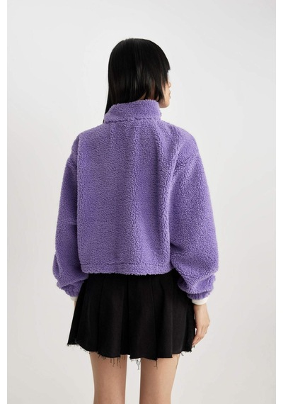 Defacto Coool Oversize Fermuarlı Dik Yaka Basic Düz Pelüş Sweatshirt B9836AX23WNPR262 Mor