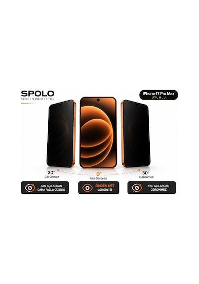 Spolo Apple iPhone Uyumlu  17 Pro Max Hayalet Ekran Koruyucu Gizlilik Camı Yan Görüş Önleyici