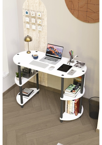 Soft Oval Çalışma Masası Çok Raflı Bilgisayar Masası Modern Ofis Ve Ev Çalışma Masası Beyaz Soft Oval Çalışma Masası Çok Raflı Bilgisayar Masası Modern Ofis Ve Ev Çalışma Masası Beyaz