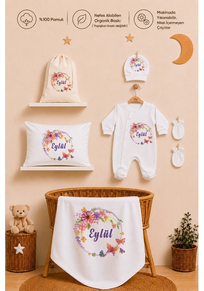 Pia Baby Kız Bebek İsimli %100 Pamuk Hastane Çıkışı 6 Parça Tulum Şapka Eldiven Hediye Seti 2058tybk0x Krem