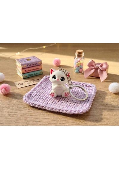 Kalpli Kedi Anahtarlık Beyaz - Pembe