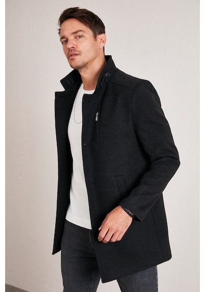 Buratti Slim Fit Düğmeli Dik Yaka Kaşe Erkek Kaban 5840099 Füme