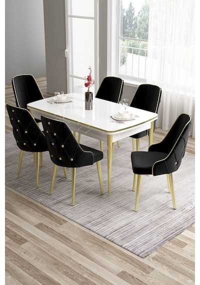 Canisa Tia Serisi 80x132 Açılabilir Mdf Mutfak Masası Takımı Beyaz Masa Gold Detay 6 Siyah Sandalye Masa Beyaz Sandalye Siyah Canisa Tia Serisi 80x132 Açılabilir Mdf Mutfak Masası Takımı Beyaz Masa Gold Detay 6 Siyah Sandalye Masa Beyaz Sandalye Siyah