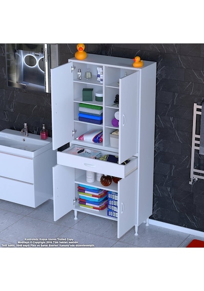 Modilayn Yeni Afra 85 X 173 X 32,5 Cm 1 Çekmece 4 Kapak 7 Raf 10 Bölme Çok Amaçlı Banyo & Mutfak Dolabı Beyaz