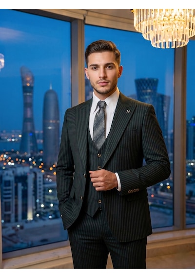 Hermose Sartorial Zümrüt Yeşili Çizgili Yelekli Takım Elbise Yeşil