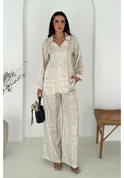 Asprin Fashion Geometrik Desen Modal Saten Takım Beyaz Beyaz