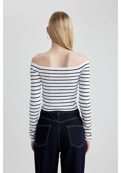 DeFacto Slim Fit Dar Kesim Çizgili Açık Omuz Triko Kazak B7573AX24SPNV31 Lacivert