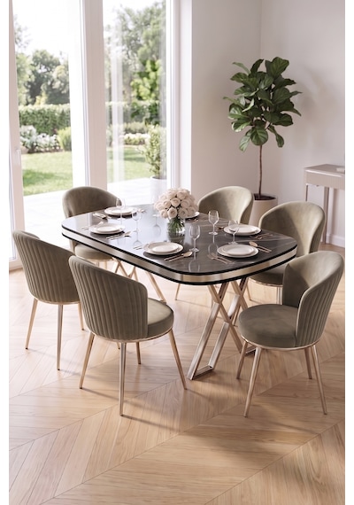 Nisare Serisi 90x168 Lak Panel Siyah Mermer Desen Masa Takımı Krom Ayaklı 6 Sandalye Siyah Mermer - Cappucino