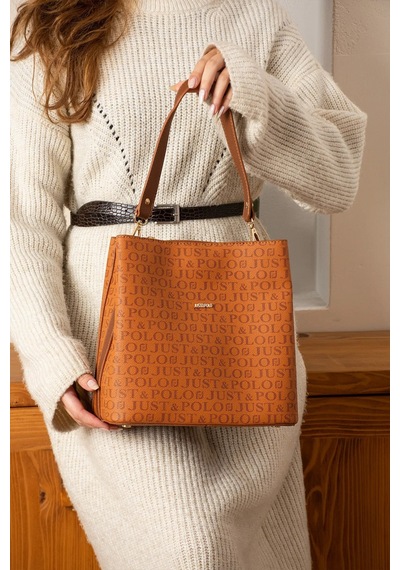 Just Polo Kadın Monogram Baskılı El Ve Omuz Çantası Ebat 25 X 25 Taba