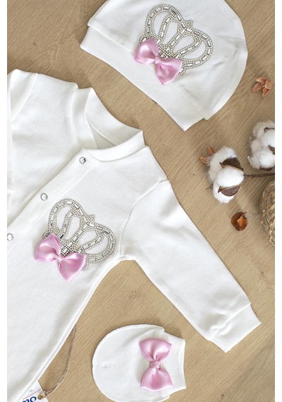 Sitilin Kız Bebek Papyonlu Pembe Taşlı Süslü Tulum Seti 0-3 Ay Stl6372 Pembe