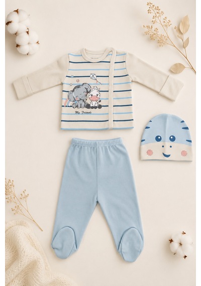Beniizle Fil Ve Zebra My Friends Baskılı 3'lü Bebek Hastane Çıkış Set Mavi