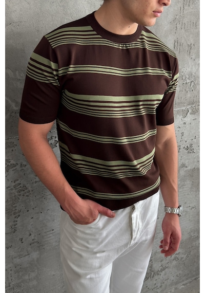 Erkek Bisiklet Yaka Oversize Çizgili Triko T-shirt Kahverengi