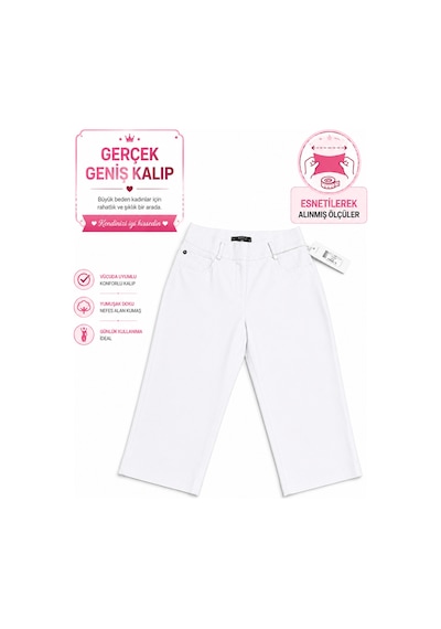 Büyük Beden Beli Lastikli Cepli Figen Model Kadın Kapri Beyaz