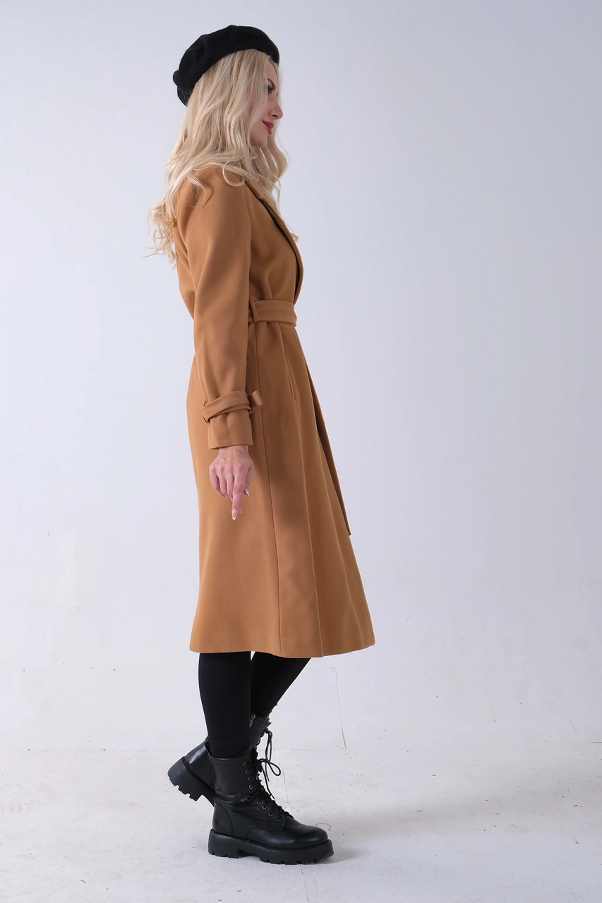 Feminist Camel Kol Bağlamalı Seyyar Kuşaklı Uzun Kaşe Kaban 41630051.09 Camel